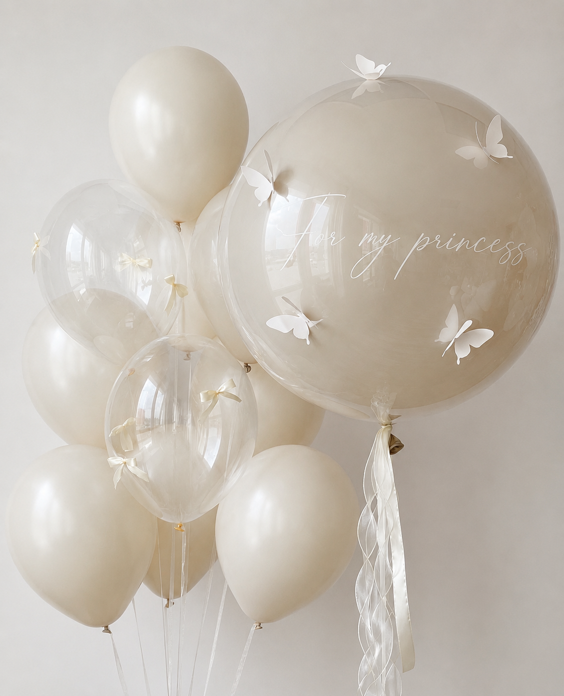 Butterfly Princess Bubble Balloon Set with custom text bubble balloon and ten cream latex balloons for elegant celebration decor in Queens