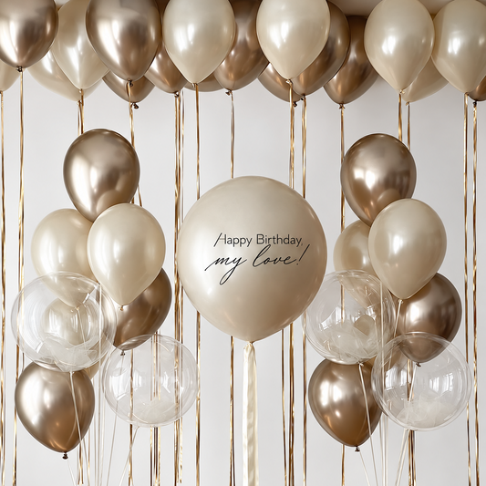 Large personalized cream balloon between two bunches of cream and bronze latex balloons with four clear feather filled bubbles, beneath matching ceiling balloons with gold ribbons.