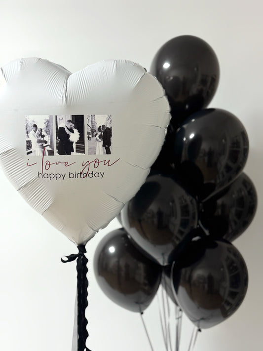 Classy surprise photo heart balloon set with black and white balloon decor for celebration styling in New York