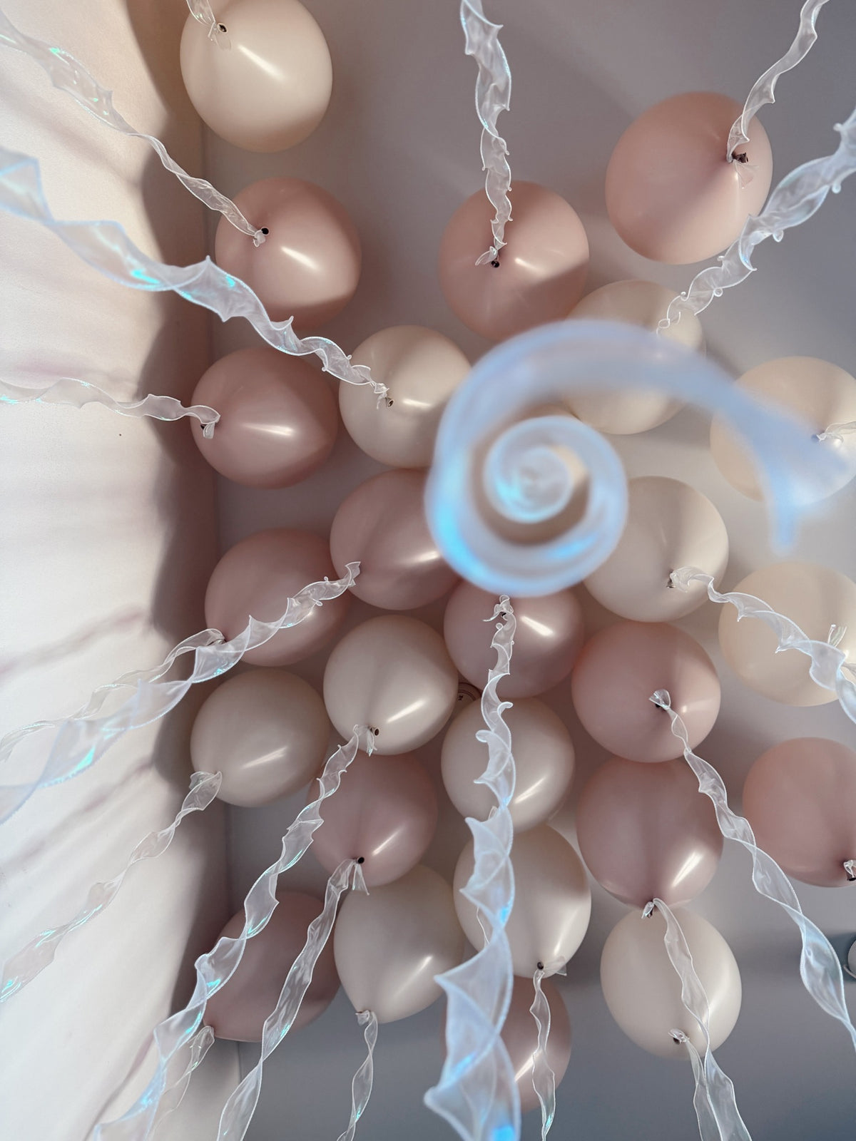 Cream and dusty pink helium balloons floating at the ceiling with long, translucent wavy ribbons.