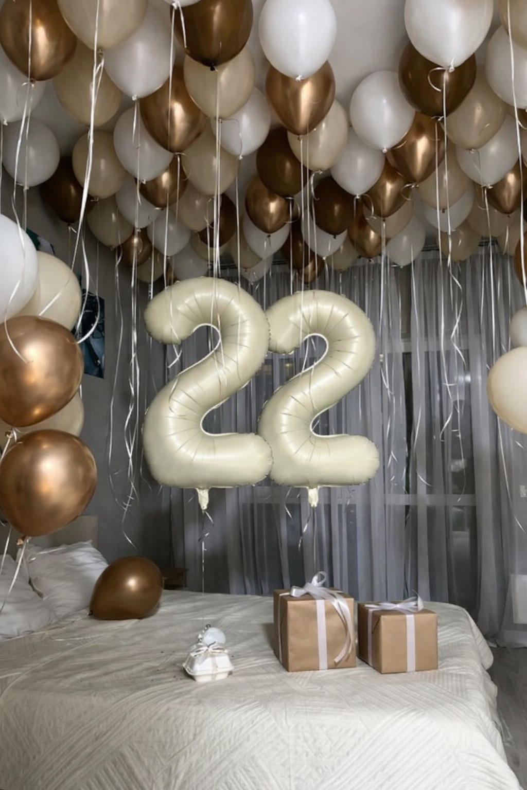 Cream Number Room Decor Set with ceiling balloons and large number balloons for birthday room decor in Queens