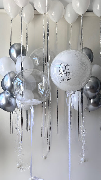 Crystal White Celebration balloon set with personalized double bubble balloon and white silver balloon decor in New York