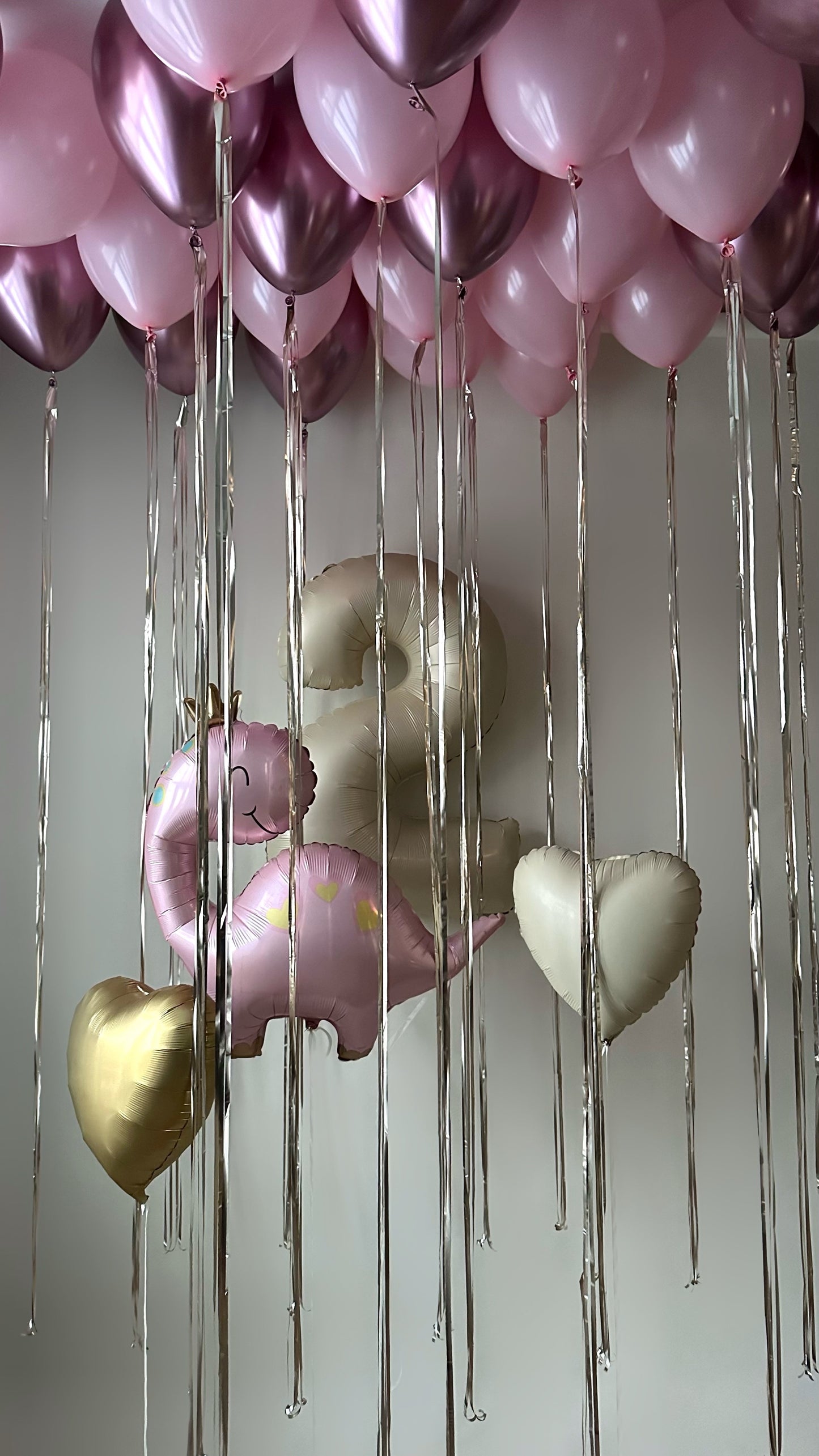 Dino princess balloon set with dinosaur balloon, pink ceiling balloons, and heart balloons for birthday decor in New York