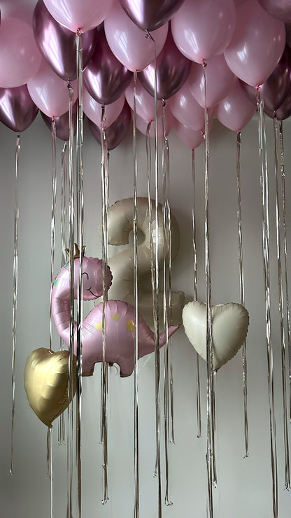 Dino princess balloon set with dinosaur balloon, pink ceiling balloons, and heart balloons for birthday decor in New York