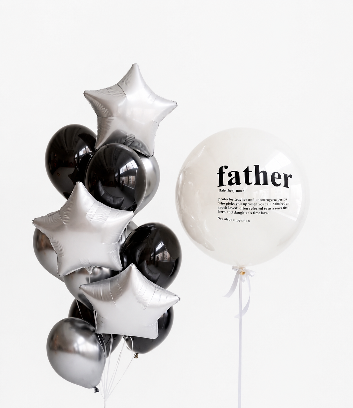For Him Bubble Balloon Set with custom bubble balloon, black and silver latex balloons, and silver star balloons for celebration decor in Manhattan