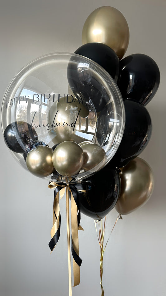 For My Husband balloon set with personalized bubble balloon and black gold birthday balloons in New York