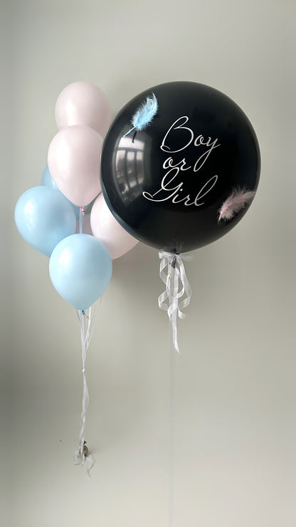 Gender reveal balloon decor with black reveal balloon and pastel blue accents in Brooklyn