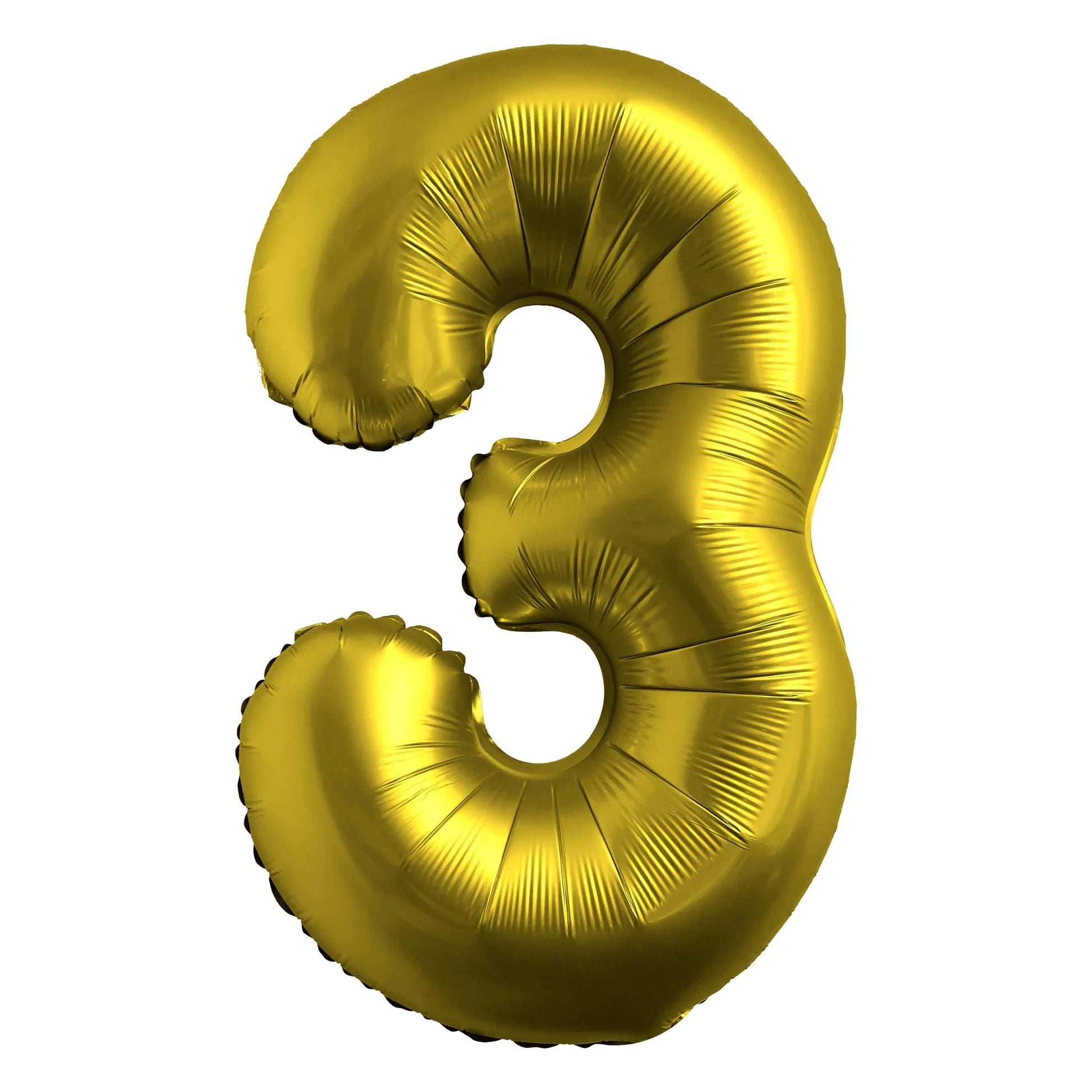 Gold foil balloon shaped like the number '3' on a white background