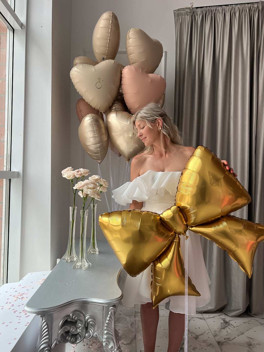 Golden Bow balloon set with gold bow balloon and heart balloons for elegant party decor in New York