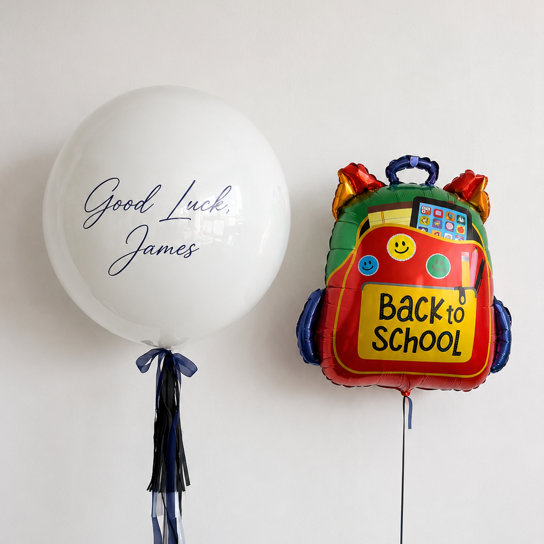 Good Luck Back to School Balloon Set with personalized bubble balloon and colorful backpack foil balloon for first day of school celebrations in Brooklyn