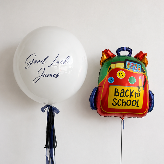 Good Luck Back to School Balloon Set with personalized bubble balloon and colorful backpack foil balloon for first day of school celebrations in Brooklyn