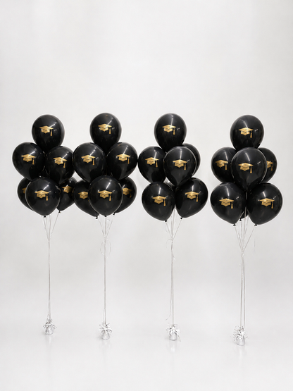 Graduation Cap Balloon Bouquets with black printed balloons for graduation event decor in Jersey City