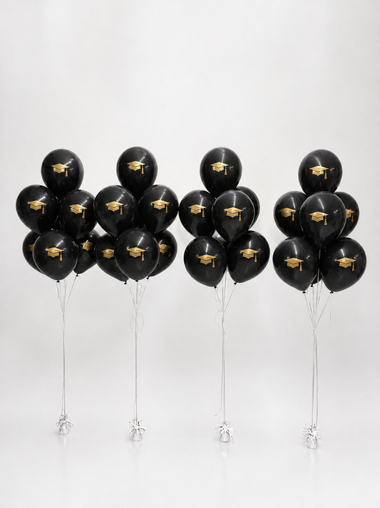 Graduation Cap Balloon Bouquets with black printed balloons for graduation event decor in Jersey City