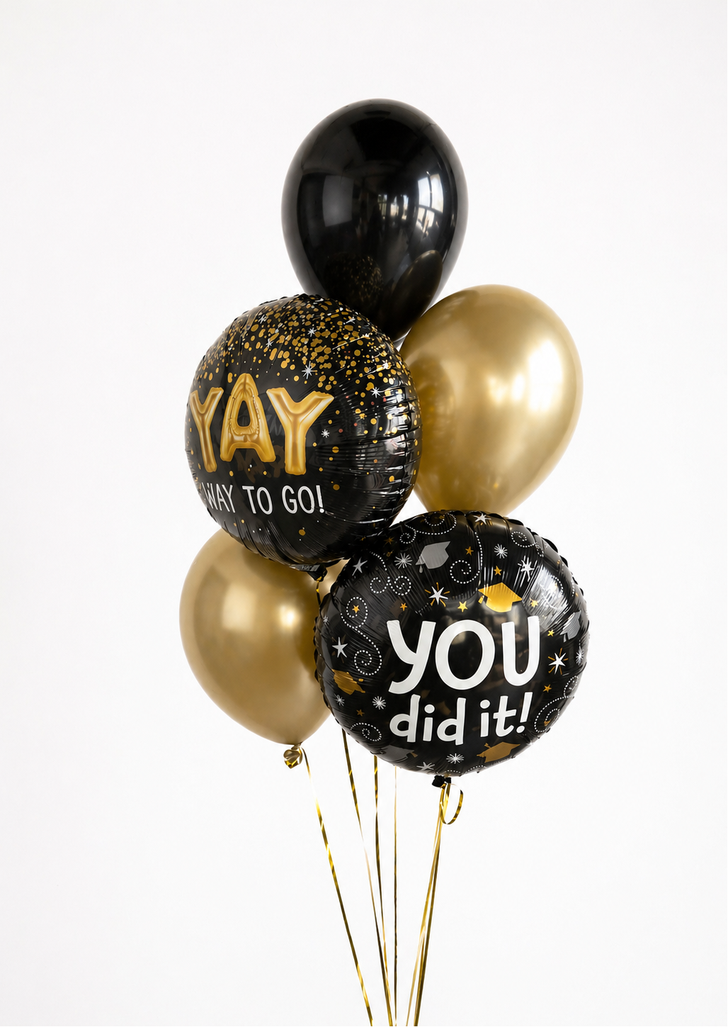 Graduation Celebration Balloon Bouquet with black and gold latex balloons and themed foil balloons for graduation decor in Staten Island