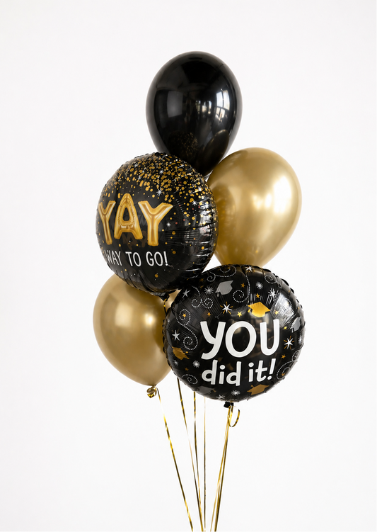 Graduation Celebration Balloon Bouquet with black and gold latex balloons and themed foil balloons for graduation decor in Staten Island