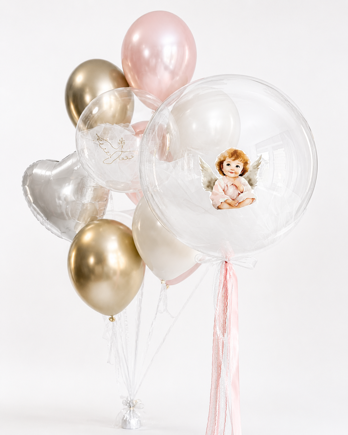 Heavenly Bubble Balloon Set with large tulle bubble balloon and matching blush, ivory, heart, and bubble balloon bunch for elegant celebration decor in Brooklyn