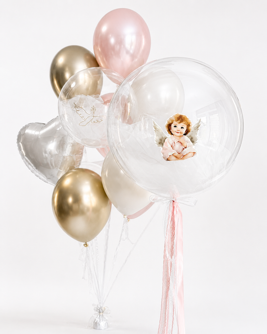 Heavenly Bubble Balloon Set with large tulle bubble balloon and matching blush, ivory, heart, and bubble balloon bunch for elegant celebration decor in Brooklyn