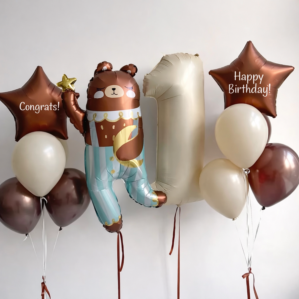 Little Bear Number Balloon Set with large number balloon, bear balloon, and two custom star balloon bunches
