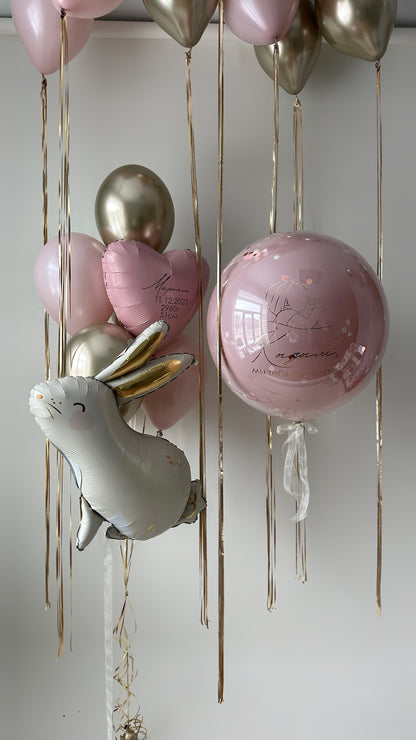 Little Princess balloon set with personalized pink double bubble balloon, bunny balloon, and baby girl welcome decor in New York