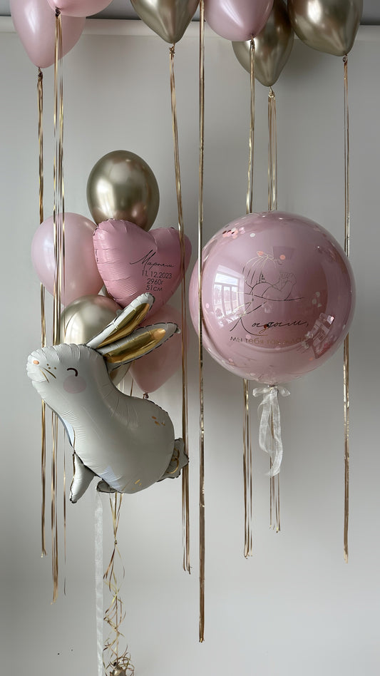 Little Princess balloon set with personalized pink double bubble balloon, bunny balloon, and baby girl welcome decor in New York