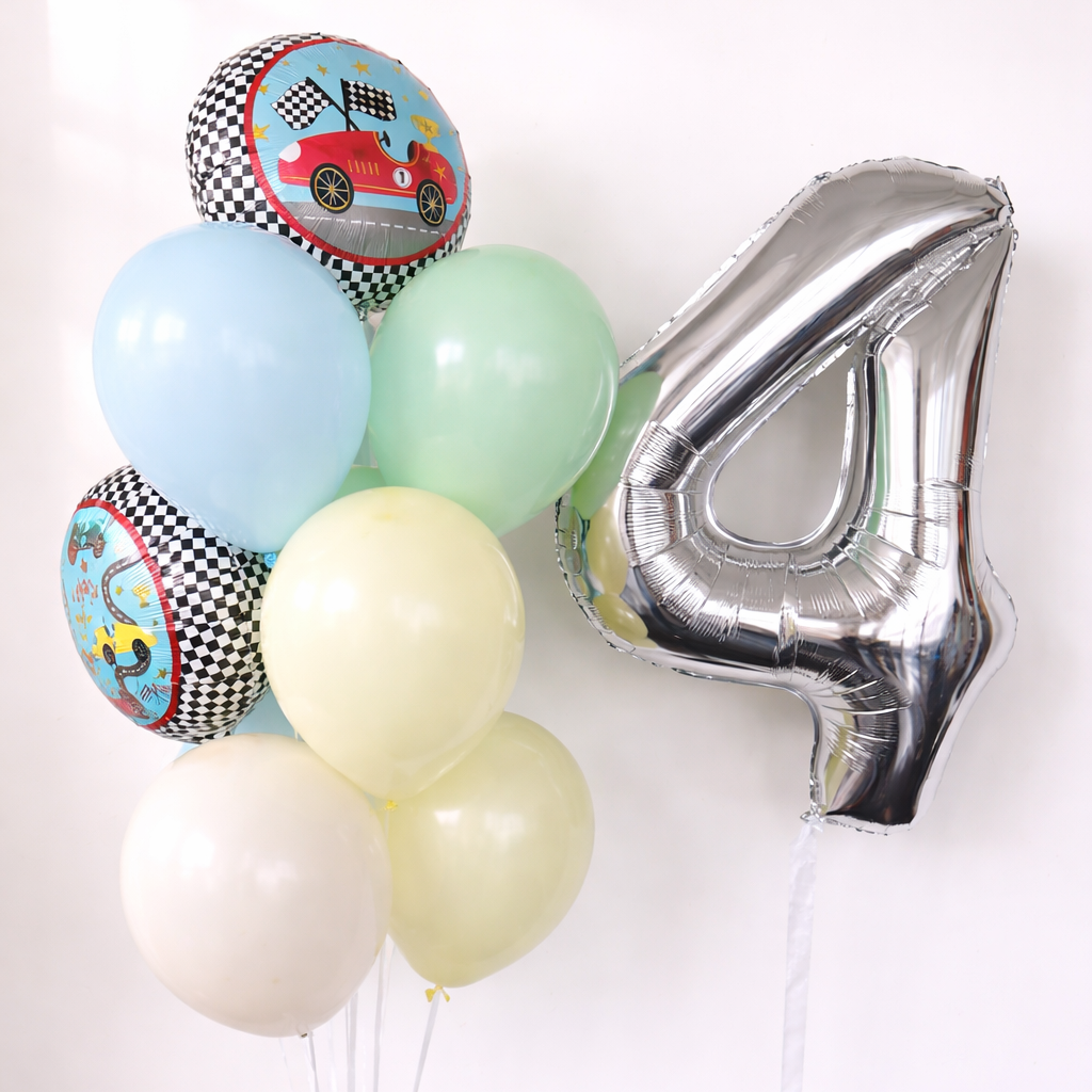 Little Racer Balloon Set with number balloon and matching bunch of pastel latex balloons and race car foil balloons