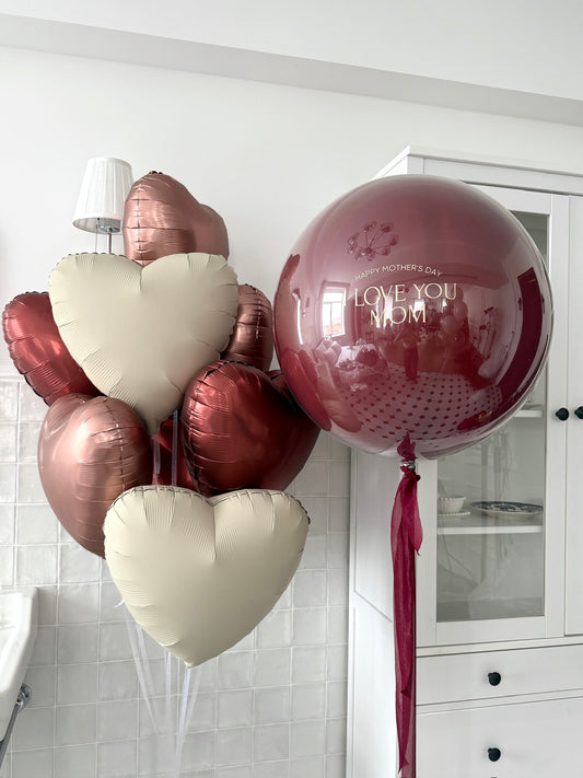 Love You Mom Bubble Set with personalized bubble balloon and mixed heart balloons for Mother’s Day decor in Staten Island