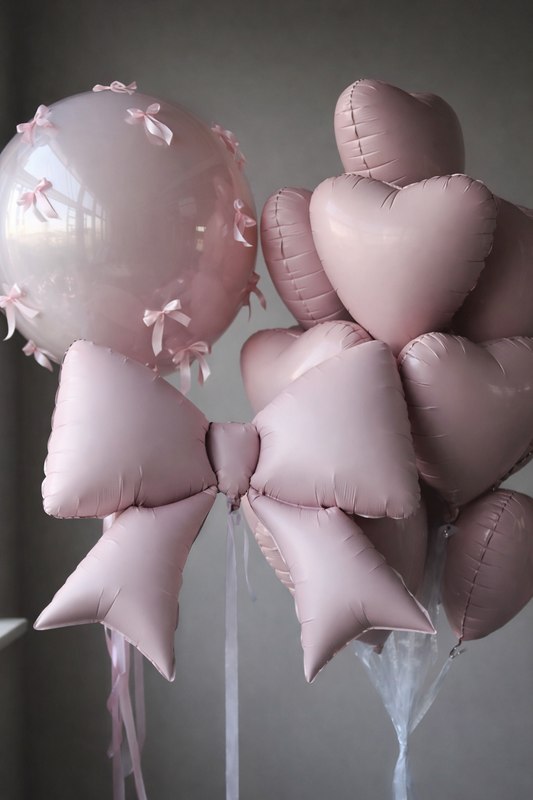 Lovely Bow balloon set with 10 pink heart balloons, oversized bow balloon, and bubble balloon with bows in Queens