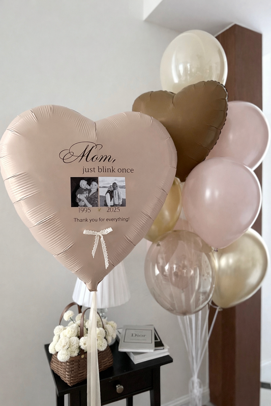 Mom Just Blink Once Balloon Set with personalized heart balloon, photo detail, and neutral balloon bouquet for Mother’s Day decor in Staten Island