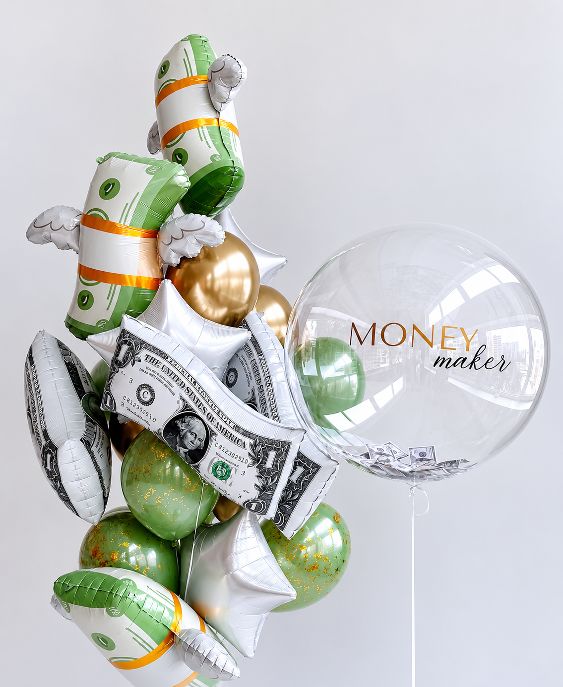 Money Maker Balloon Set with custom bubble balloon, money balloons, star balloons, and green gold balloon bunch for celebration decor in Manhattan