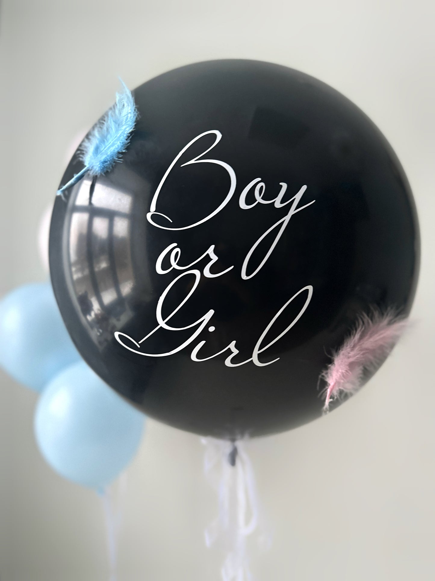 Mystery Pop gender reveal balloon set with black Boy or Girl balloon and pastel balloons in New York