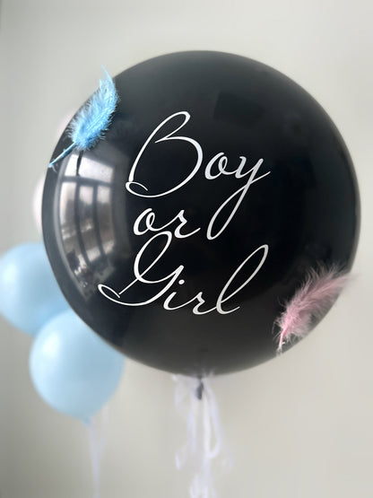 Mystery Pop gender reveal balloon set with black Boy or Girl balloon and pastel balloons in New York