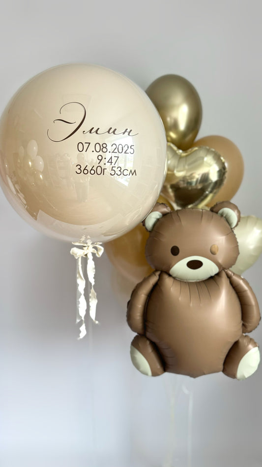 Newborn welcome balloon set with custom sign bubble balloon and teddy bear balloon for baby welcome decor in New York