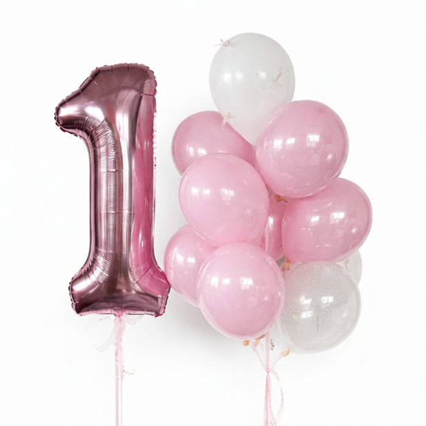 Pink Dream Balloon Set with 1 or 2 number balloons and a bunch of pink latex balloons with glass effect and bow details for birthday decor in Brooklyn