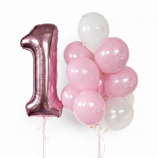 Pink Dream Balloon Set with 1 or 2 number balloons and a bunch of pink latex balloons with glass effect and bow details for birthday decor in Brooklyn
