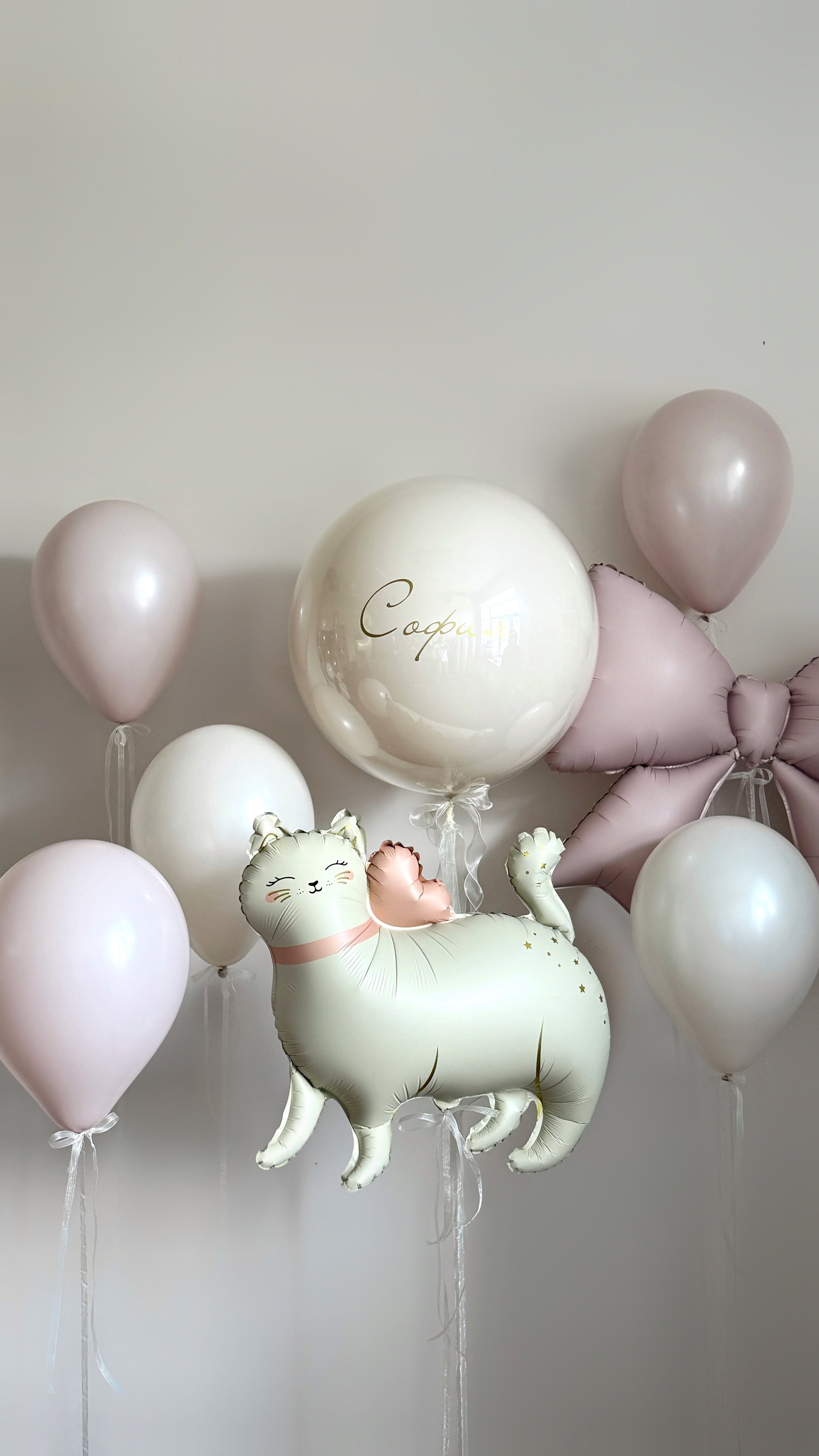 Pinky kitty balloon set with cat balloon, bow balloon, and custom sign bubble balloon for kids celebration decor in New York