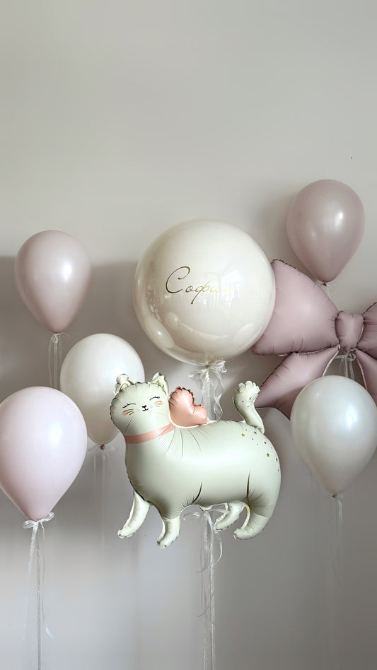 Pinky kitty balloon set with cat balloon, bow balloon, and custom sign bubble balloon for kids celebration decor in New York