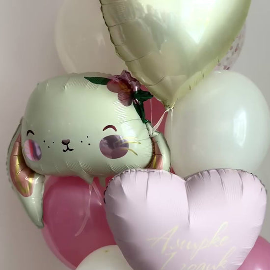 Video of candy bunny balloon arrangement with heart balloons and pastel decor in Brooklyn