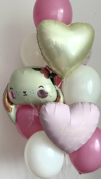 Video of candy bunny balloon arrangement with heart balloons and pastel decor in Brooklyn