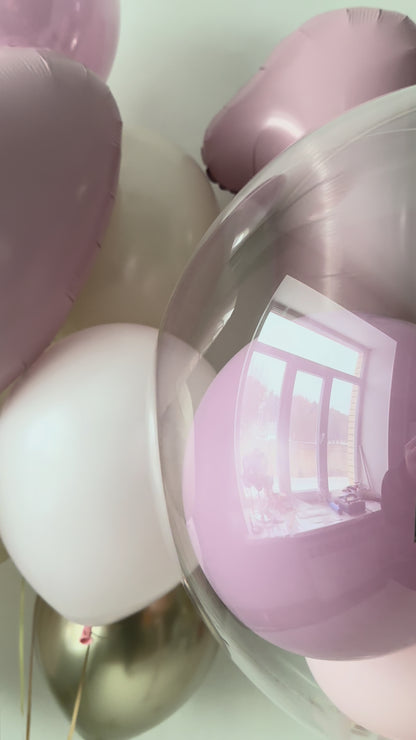 Pink and neutral heart balloon decor with custom number balloon setup in Manhattan