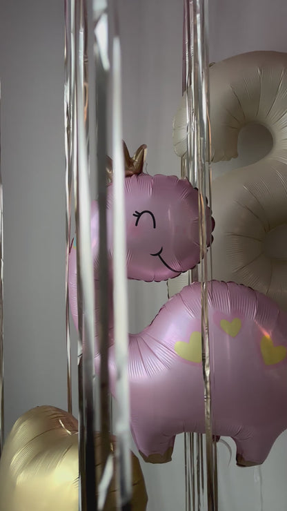 Video of dinosaur balloon and pink birthday setup for girls party decor in Queens