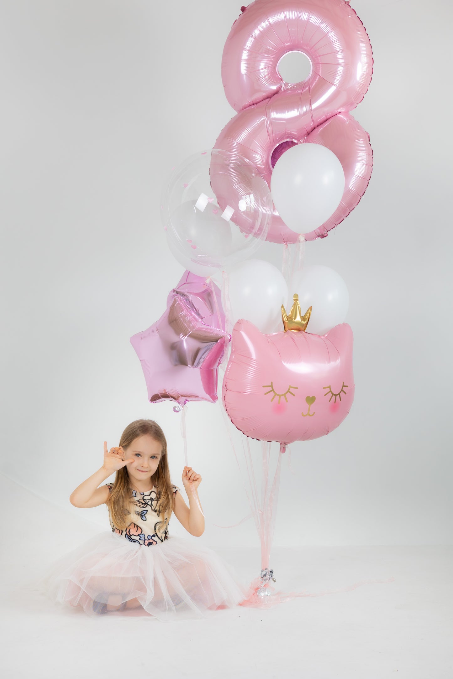Princess Birthday balloon set with pink number balloon, cat balloon, and heart decor for girls birthday in New York