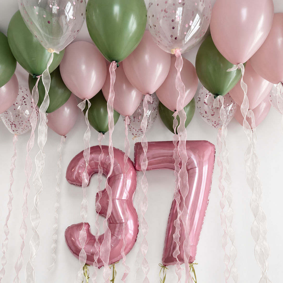Pink number 37 balloons beneath dusty rose, green and clear pink confetti ceiling balloons, all ceiling balloons finished with pink and white wavy ribbons.