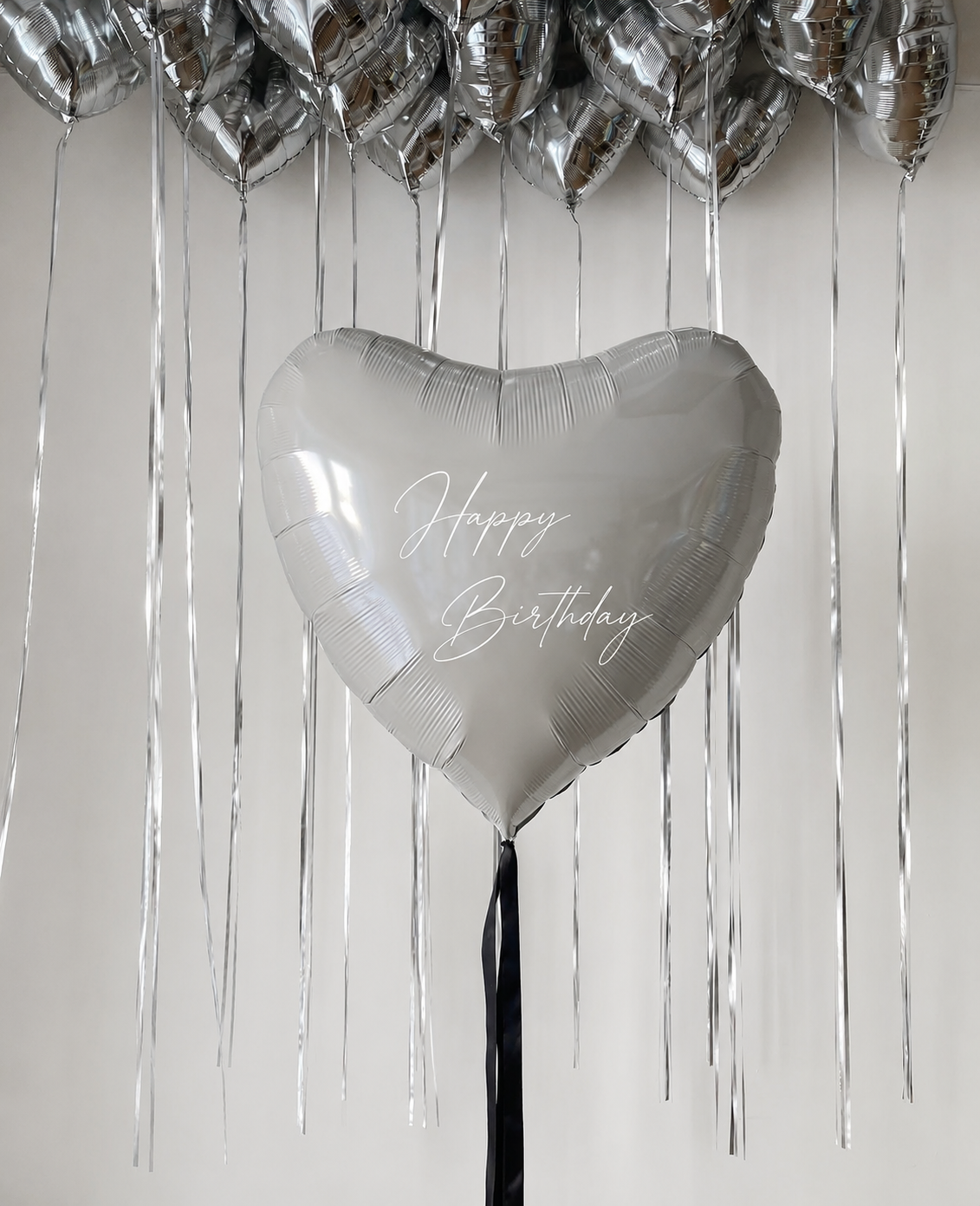 Silver Heart Birthday Balloon Set with large personalized heart balloon and fifteen small silver heart balloons for elegant celebration decor in Staten Island