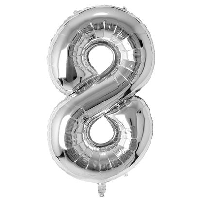 Silver number 8 balloon on a white background