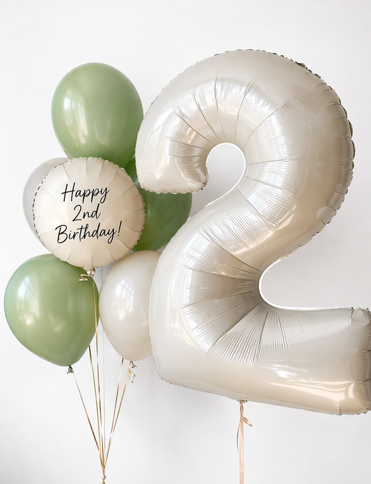 Soft Celebration balloon set with large number balloon, personalized birthday balloon, and elegant neutral balloon decor