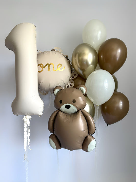 Something to remember balloon set with teddy bear balloon, number balloon, and first birthday decor in New York