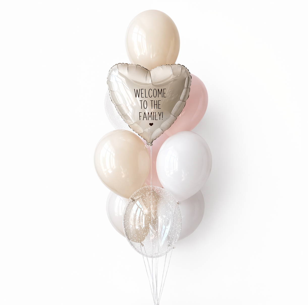 Sweet Welcome balloon set with heart message balloon, pastel latex balloons, and clear confetti balloon for baby welcome decor