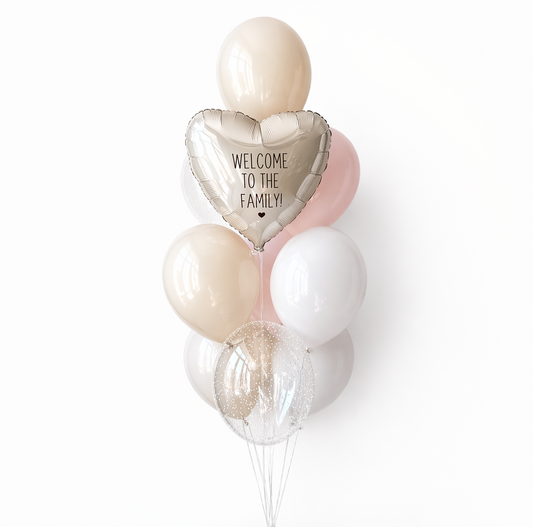 Sweet Welcome balloon set with heart message balloon, pastel latex balloons, and clear confetti balloon for baby welcome decor