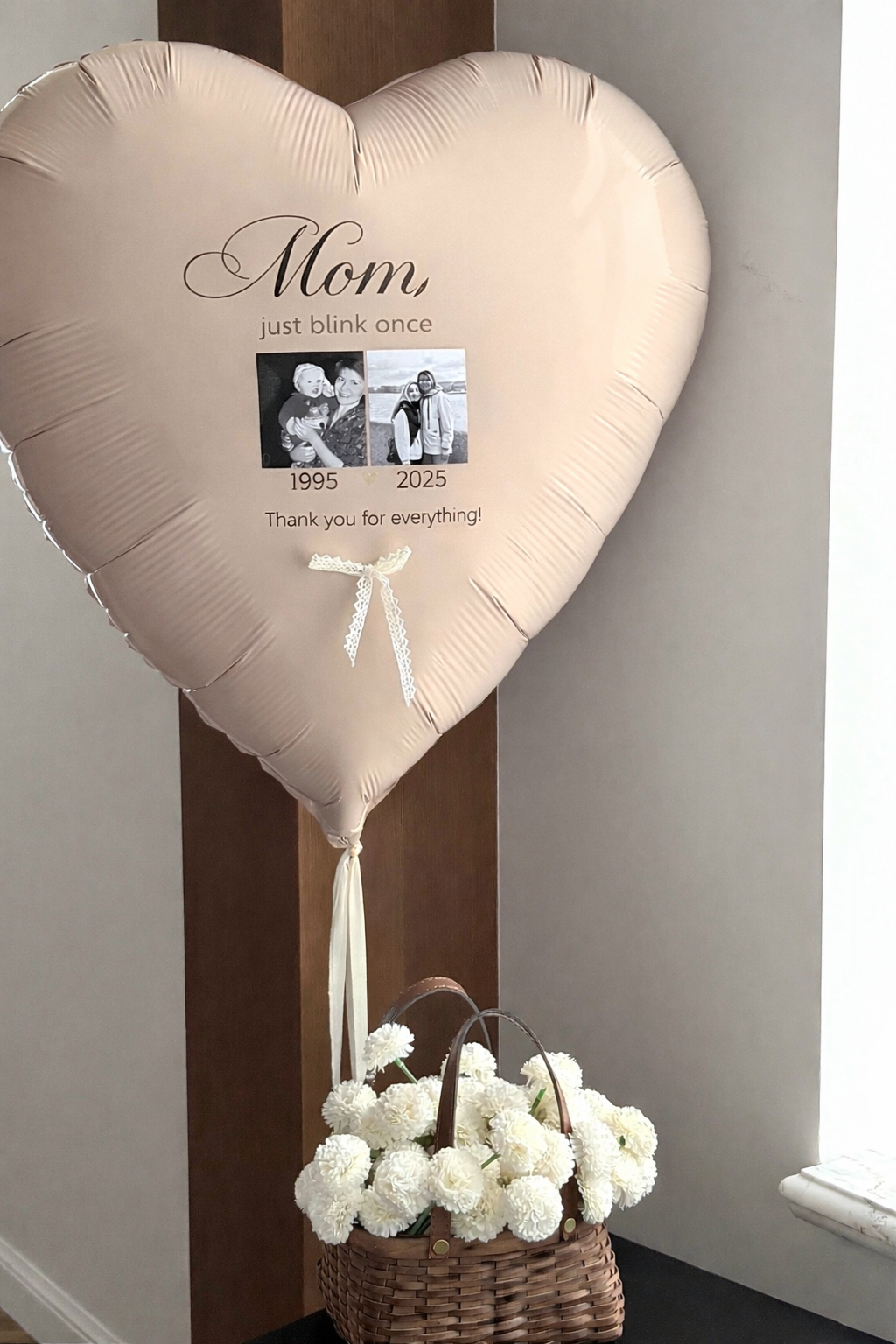 Thank You Mom Heart Balloon with photos and custom sign for Mother’s Day decor in Queens