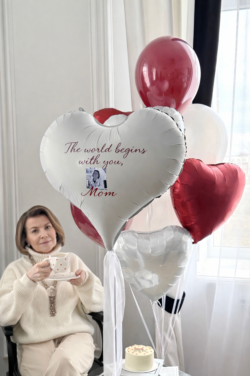 The World Begins With You Balloon Set with personalized heart balloon, photo detail, and red white bouquet for Mother’s Day decor in Brooklyn